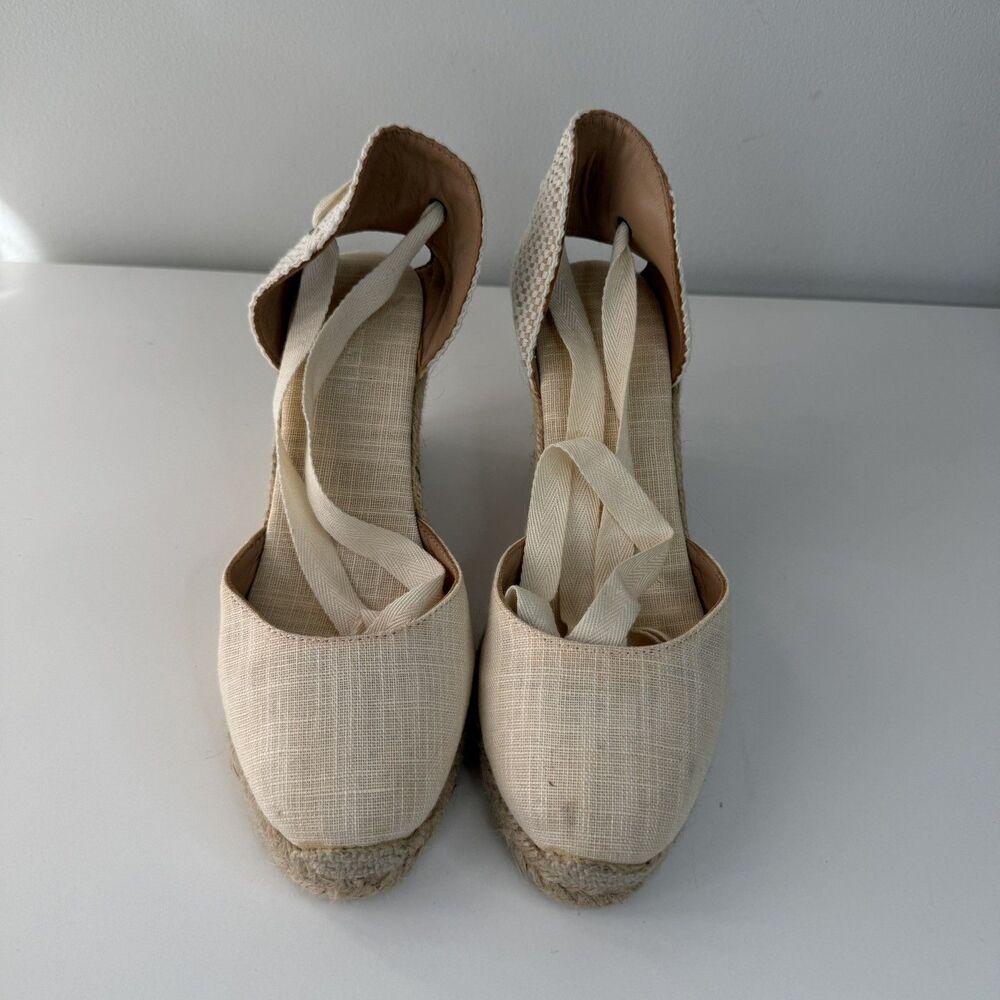 Soludos Womens 7 Ivory Espradrille Wedge Ankle Lace Up 90MM Tall Shoes